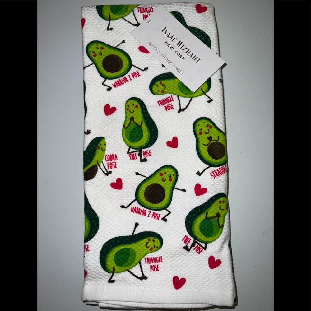 NWT 🥑❤️ Avocado Yogi Isaac Mizrahi Kitchen Towel set 2 Yoga Cobra Tree Warrior